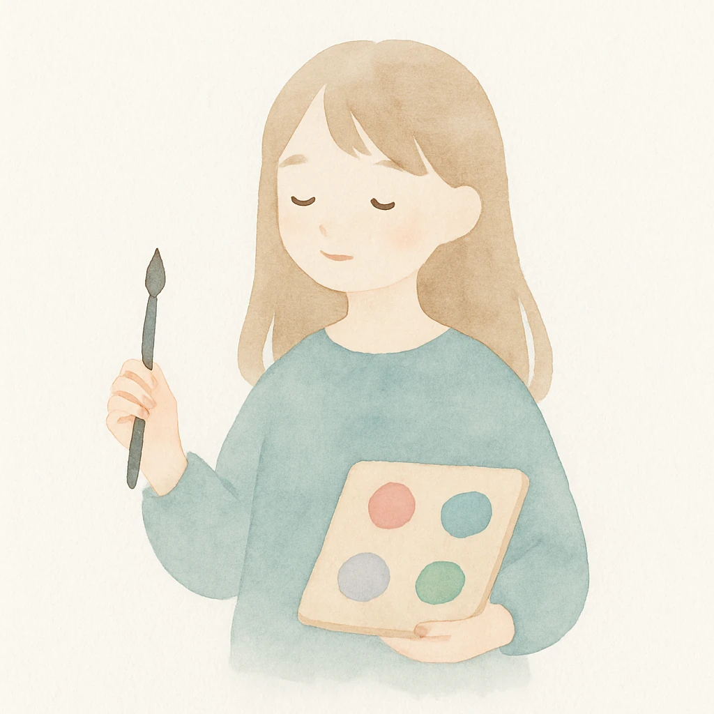 jeune artiste aux cheveux longs, mignon, style aquarelle délicate emoji