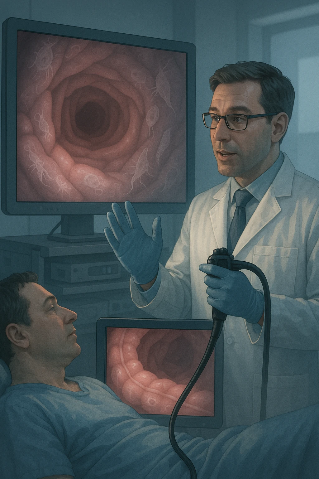 A medical cinematic illustration showing a patient undergoing a colonoscopy in a modern clinical setting. On the monitor, the endoscopic camera shows smooth, healthy-looking intestinal mucosa — clean and without evidentiary signs. But layered symbolically in the background (or faded into the intestinal wall), tiny parasitic organisms like protozoa and helminths are subtly depicted hiding between folds, or embedded deeper in tissues, undetectable by the surface-only scope. The doctor gestures with confidence, while the patient remains unaware that the test might not reveal the true underlying infection. The scene has cool clinical lighting, shallow depth of field, and realistic anatomy, overlaid with symbolic, almost ghost-like imagery of parasites emoji