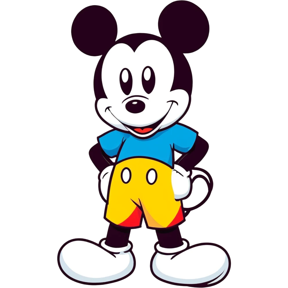 Mickey Mouse standing in front of a Pride heart emoji