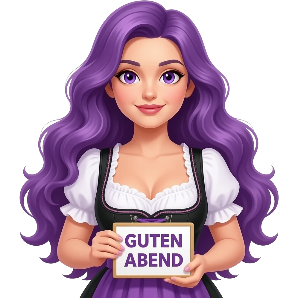 sexy girl with long purple hair and purple eyes wearing a dirndl holding a GUTEN ABEND sign emoji