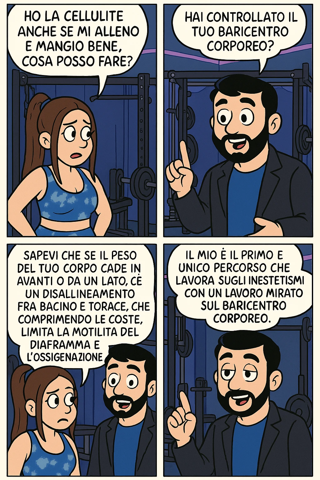 TRASFORMA QUESTO CAROSELLO IN UN FUMETTO STILE FUMETTO TOPOLINO CON QUESTE DUE PERSONE IDENTICHE CHE INTERLOQUISCONO TRA LORO:

LEI: Ho la cellulite anche se mi alleno e mangio bene, cosa posso fare?

LUI: Hai controllato il tuo baricentro corporeo?
LUI: Sapevi che se il peso del tuo corpo cade in avanti o da un lato, c’è un disallineamento fra bacino e torace, che comprimendo le coste, limita la motilità del diaframma e l’ossigenazione dei tessuti?
LUI: Il mio è il primo e unico percorso che lavora sugli inestetismi con un lavoro mirato sul baricentro corporeo. emoji