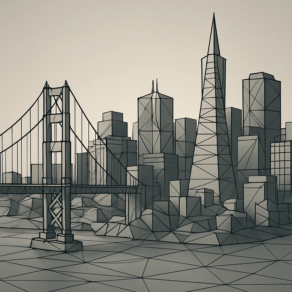 {
  "style_description": {
    "name": "Low Poly Wireframe",
    "overall_look": "Geometric abstraction with visible polygonal mesh edges and a minimal, digital aesthetic",
    "geometry": {
      "shape_type": "triangles and quadrilaterals forming faceted surfaces",
      "structure": "low-resolution polygon meshes with flat faces",
      "edge_visibility": "clear, sharp wireframe outlines around each polygon",
      "dimensionality": "3D-like forms created through flat shading and edge contours"
    },
    "linework": {
      "type": "thin or semi-bold outlines tracing all edges of the mesh",
      "style": "uniform or slightly stylized (e.g., dotted or glowing lines)",
      "color": "typically black, dark gray, or color-matched for contrast"
    },
    "color": {
      "application": "solid flat colors per polygon, without gradients",
      "palette_type": "limited, often monochromatic or with tonal variation per face",
      "highlighting": "minimal shading to emphasize surface depth without realism"
    },
    "lighting": {
      "approach": "ambient or directional lighting used sparingly to add dimension",
      "avoid": ["soft shadows", "complex reflections", "photorealism"]
    },
    "background": {
      "style": "plain or gradient backdrop to contrast mesh clarity",
      "consistency": "flat and neutral to preserve focus on wireframe structure"
    },
    "render_constraints": {
      "avoid": ["smooth surfaces", "rounded curves", "realistic textures"],
      "focus_on": ["polygon edges", "angular forms", "mesh clarity"]
    },
    "subject_treatment": {
      "representation": "simplified, stylized forms with clear geometry",
      "emphasis": "structure, volume through form and edge"
    }
  }
}

{subject} = san francisco emoji