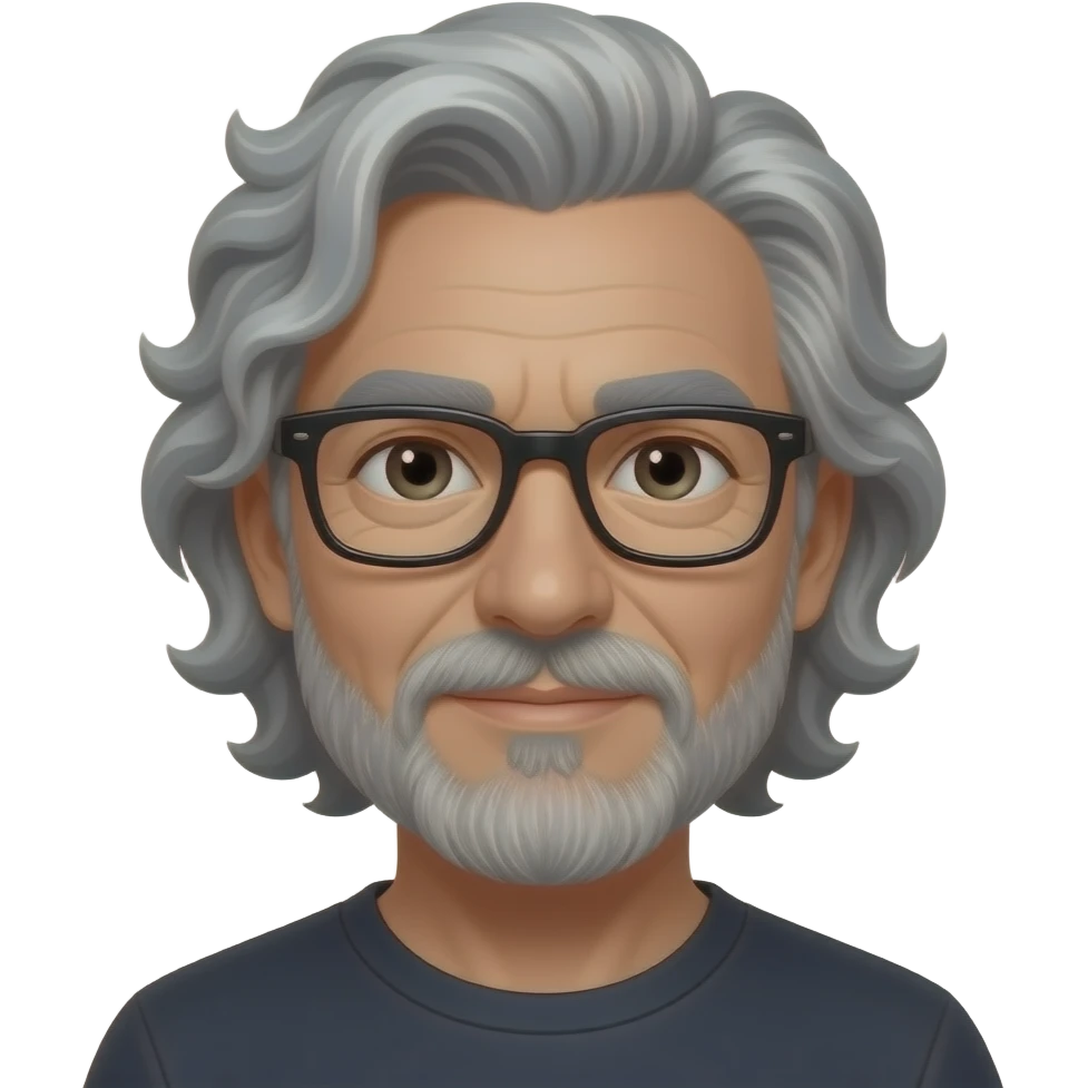 رمادي في اسود رمادي غامق  البشرة افتح من الأسمر  العيون مسحوبة حواجب سوداء رمادي بشره قمحيّة اللون وعمرة ستون عاما رجل شعره كيرلي رمادي طويل عيناه اسود كعيون الصقر يرتدي نظارة مستطيله سوداء  له لحية emoji