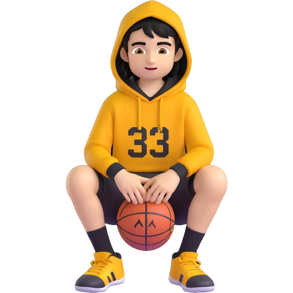 Remove any basketballs and remove his shoes, keep the boy kid in a ring sitting pose, black hoodie (hood off), smirk, black crew socks, black messy hair, black basketball shorts, yellow skin, Microsoft 3D emoji style, with no background. emoji