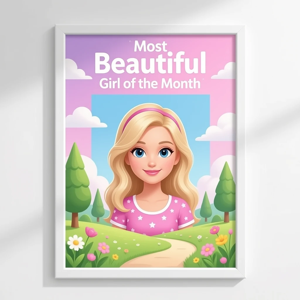 A pastel aesthetic wall with soft lighting, decorated with a cute announcement poster titled “Most Beautiful Girl of the Month”, featuring a framed empty space for a photo inspired by Barbie colour palette emoji
