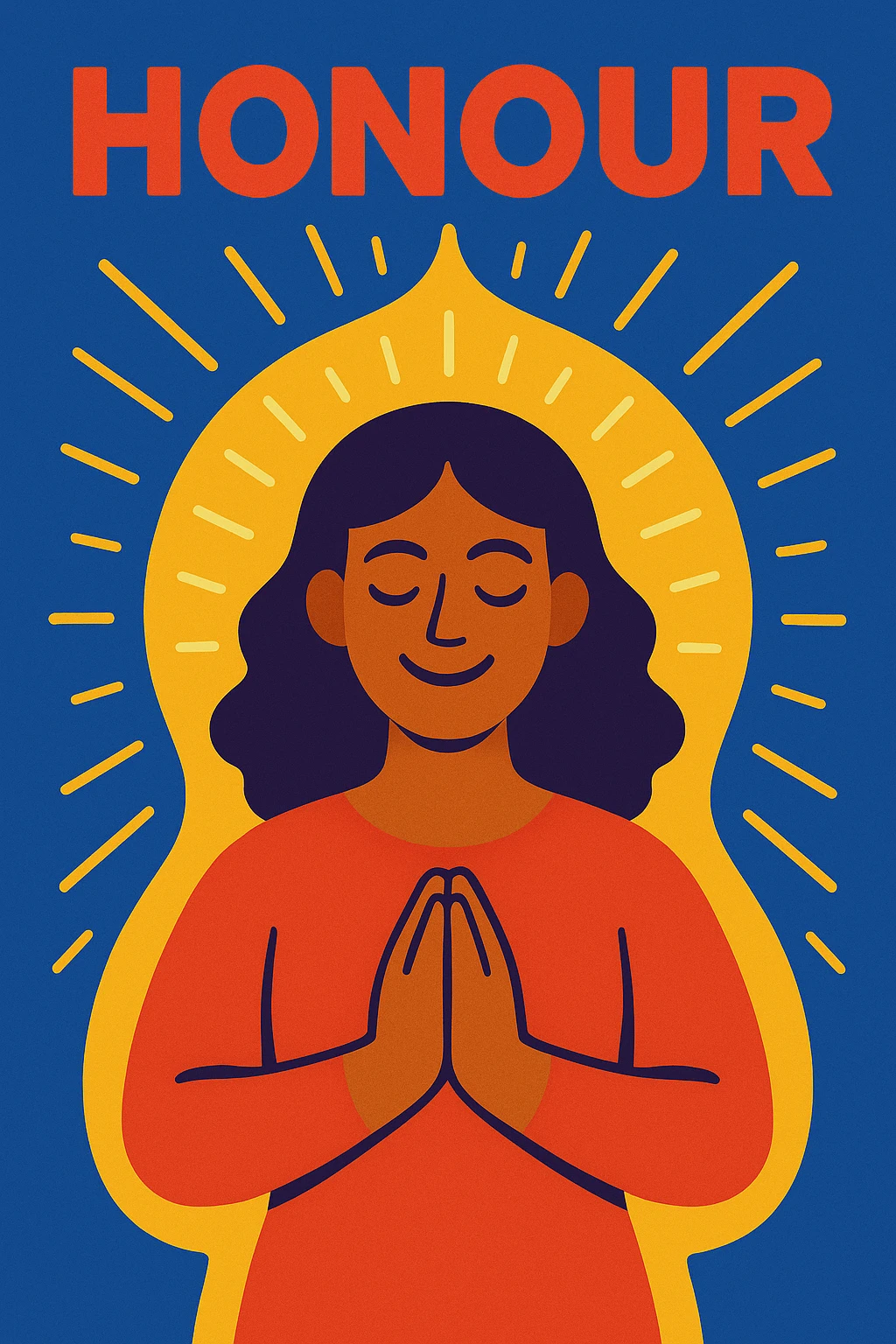 a woman surrounded by a glowing aura with the word 'honour', vibrant uplifting style emoji