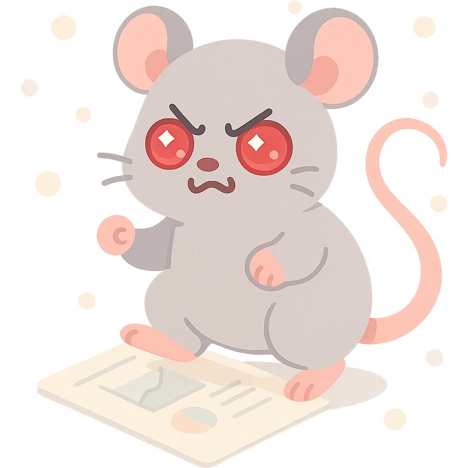 An angry lab rat with red glowing eyes, fur on end, stepping on a scientific report, gray fur, detailed claws, cartoon style with dynamic pose. emoji