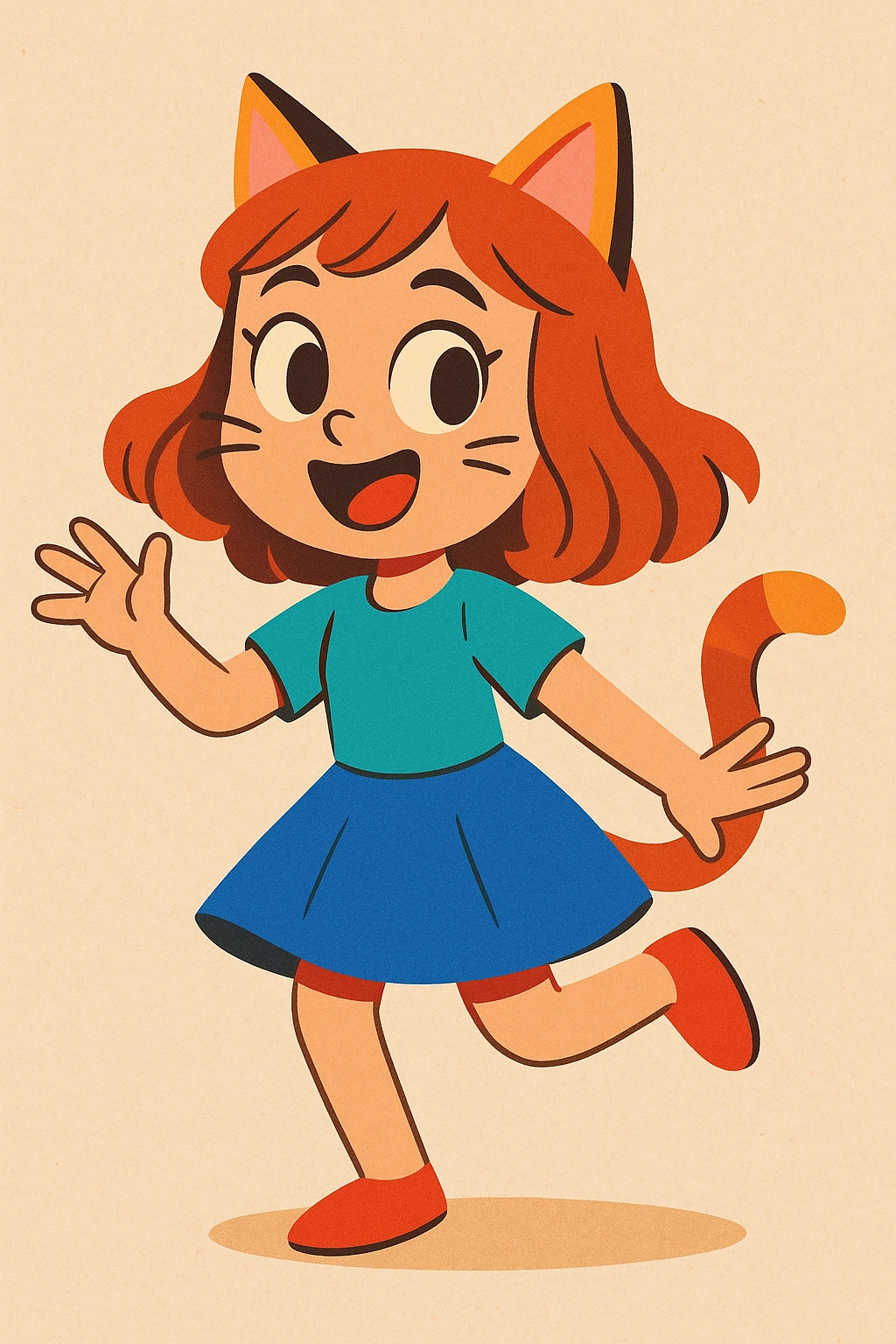 playful character that is half girl, half cat, with cat ears, tail, and subtle whiskers, charming cartoon style, vibrant illustration emoji