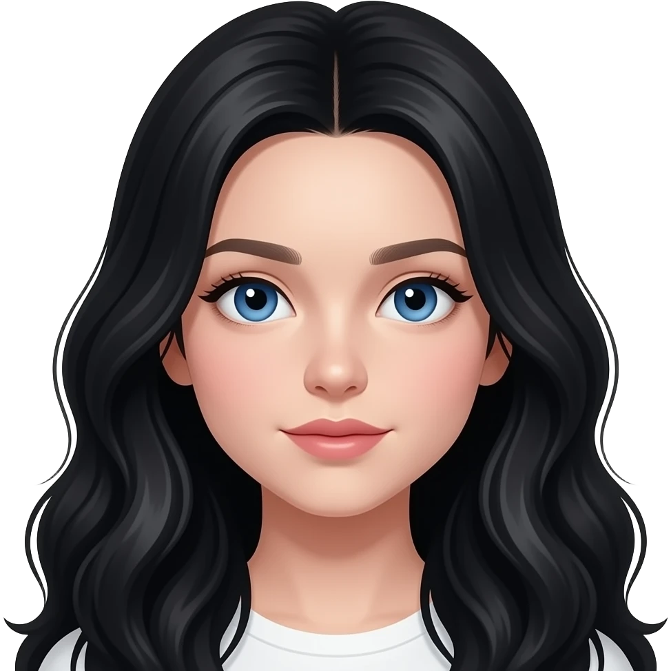 Fille avec longs cheveux noirs ondulés et yeux bleux, peau très trèspâle emoji