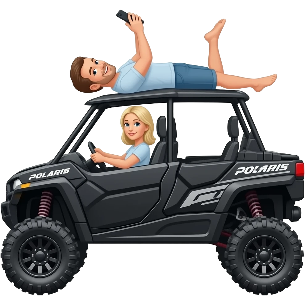 Black side view sxs 4 door Polaris ranger sxs  lifted super high with mom (blonde) and driving  and dad laying on top of roof  on his belly playing emoji