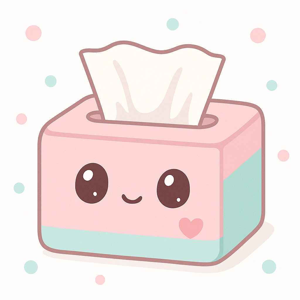 a tissue box with a small heart and a tissue ready to wipe away tears, soft pastel colors, gentle and comforting emoji