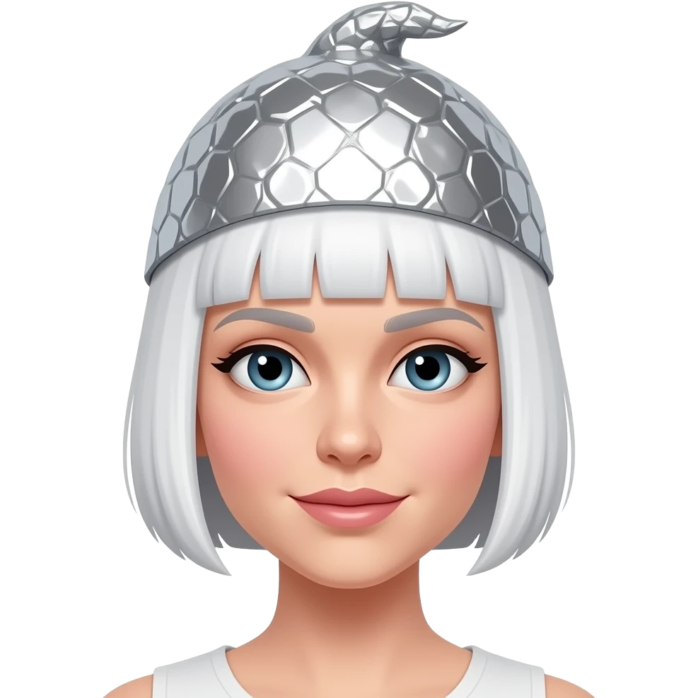 white woman with short pixie style, white hair wearing a tinfoil hat emoji