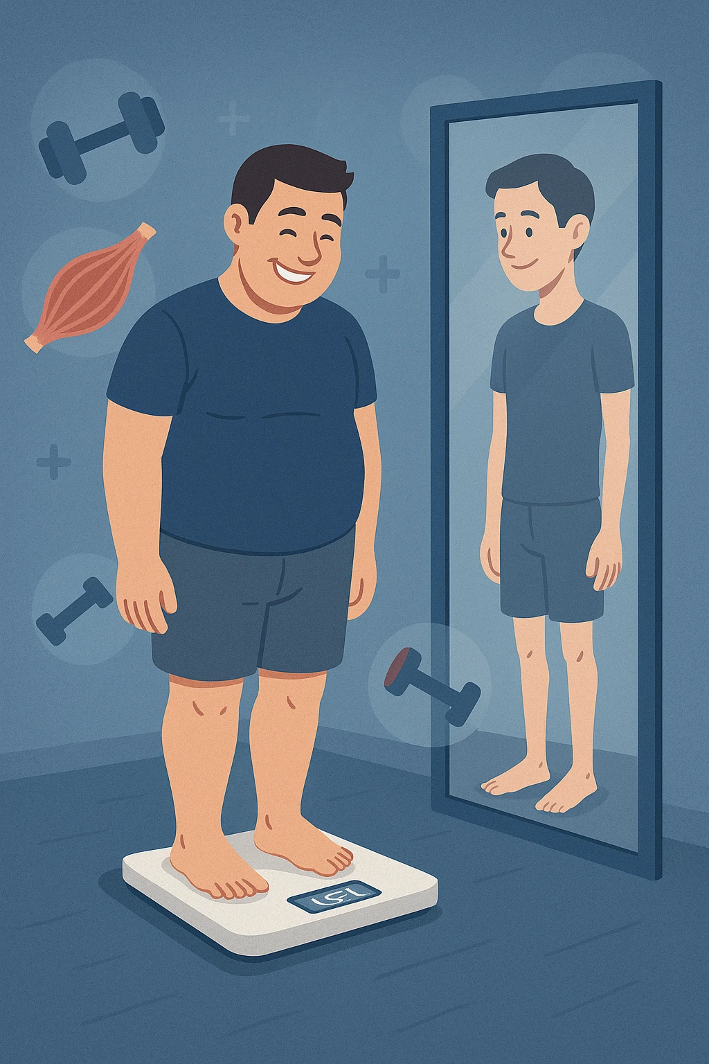 a man stands on a scale, smiling at the lower number, but his reflection in a nearby mirror shows a thinner, but also visibly weaker and less muscular body. Around him, floating icons or faded images of muscle fibers and dumbbells highlight the overlooked loss of muscle mass. The mood is cautionary and educational. in italiano emoji