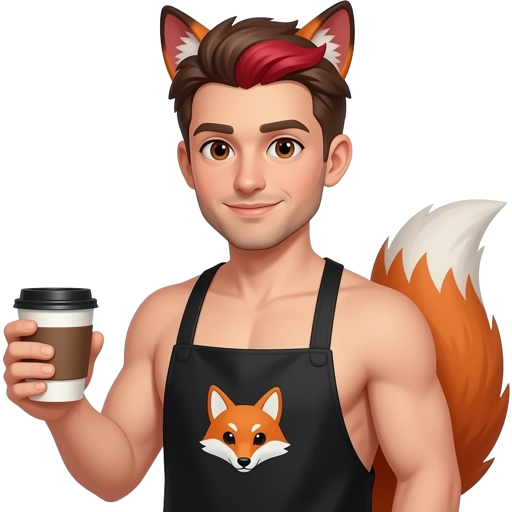 In full-grown man with brown short haircuts and red hair is standing with a cup of coffee in his hands. He has reddish leaves ears and fox tail.  He is without clothes, wearing a black barista’s apron with the pattern of a white fox (embroidery) emoji
