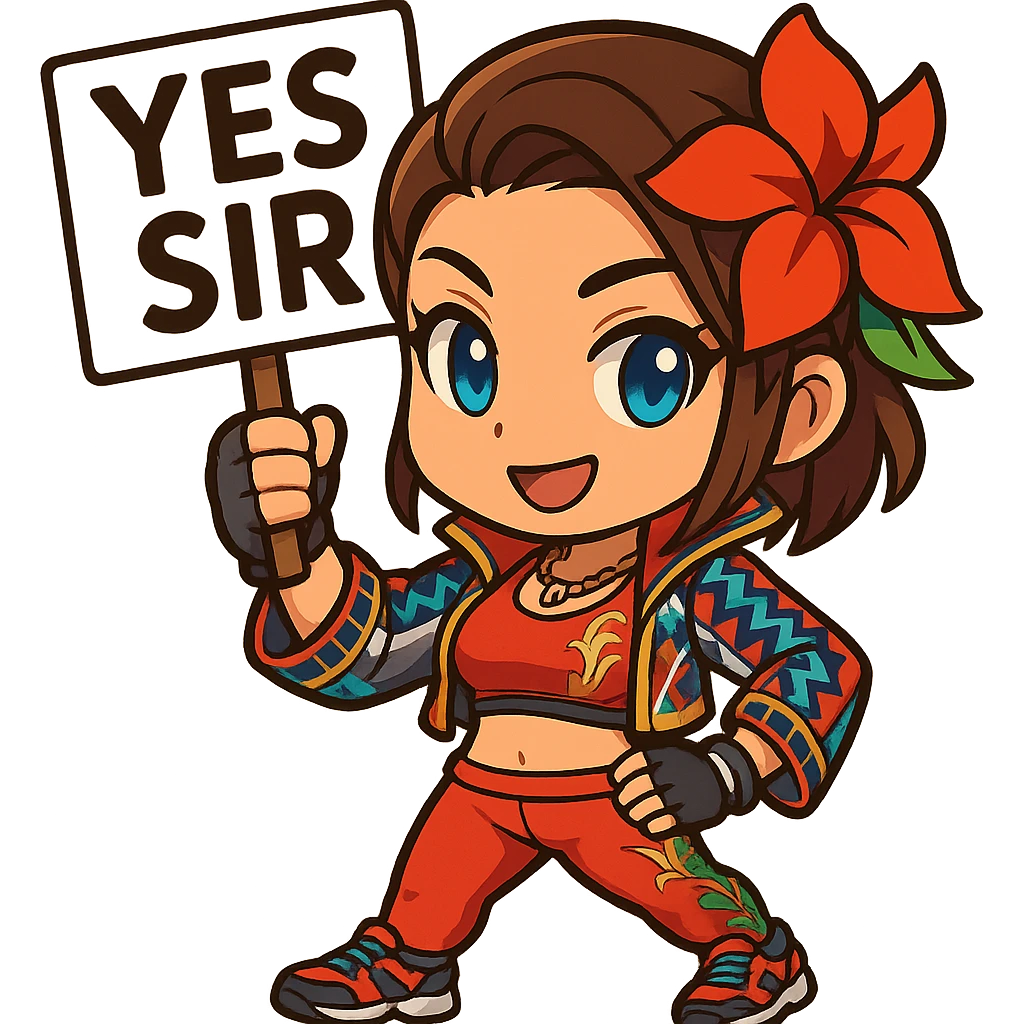 Azucena from Tekken 8 in chibi sticker style, holding a sign that says 'YES SIR', confident expression, wearing the detailed red and patterned outfit from the reference images, designed for Twitch emote use. emoji