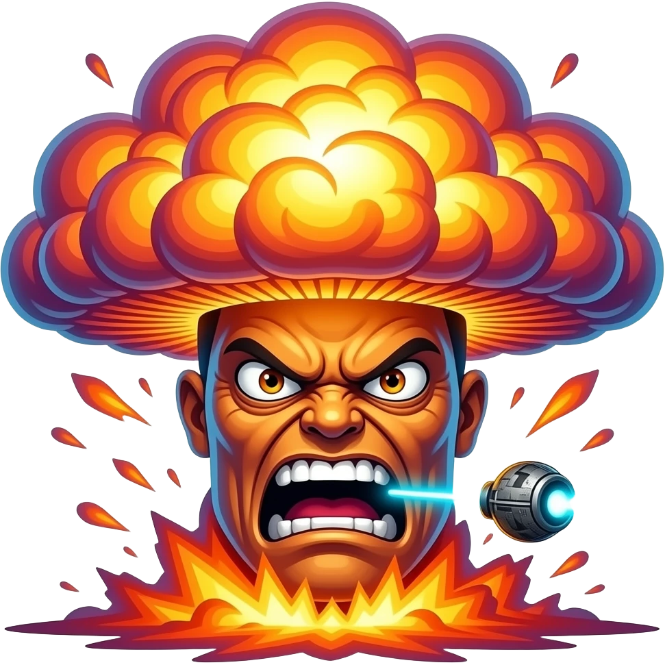 furious face, Death Star laser cannon beam, giant explosion mushroom cloud, neon glow, dramatic lighting, emoji style, vibrant colors emoji