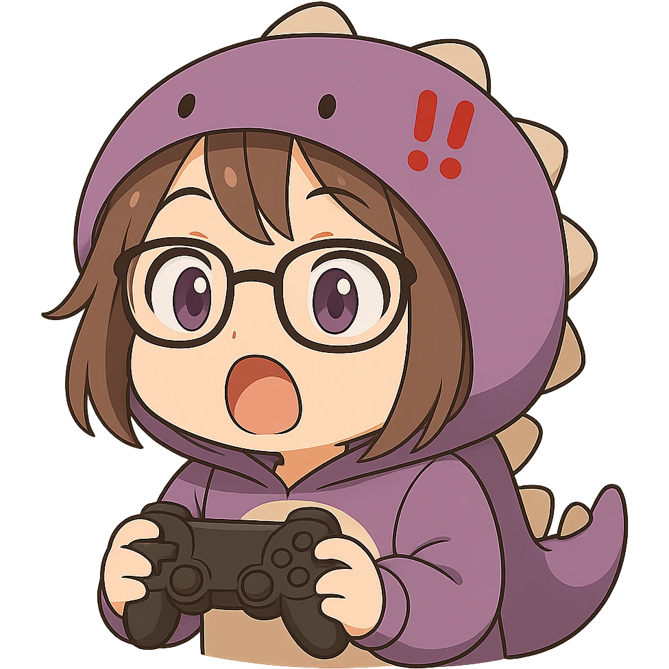 Chibi anime style gamer girl with glasses, brown hair, dark purple eyes, wearing a purple dinosaur costume, making a surprised emote, no background, same style as reference. emoji