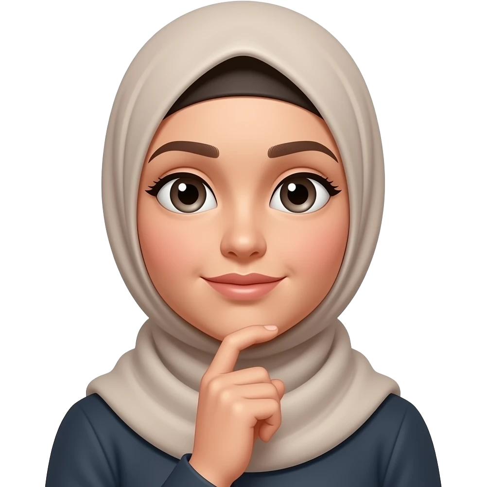 Hijabi woman wondering, tilting her head and holding her finger on her chin emoji