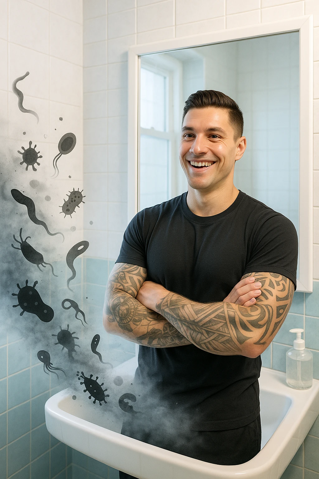 a man stands in a brightly lit bathroom, looking relieved and revitalized as he examines his reflection in the mirror. In the foreground, stylized, shadowy images of parasites (such as worms or protozoa) are shown leaving his body, dissolving into mist or fading away. His posture is upright and his expression is one of newfound energy and health. emoji