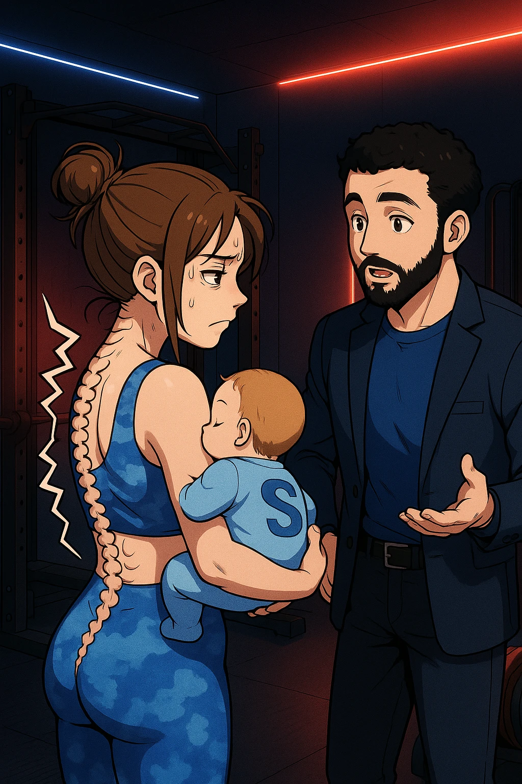 ispirati a questo stile di disegno e fai questa immagine in versione manga/webtoon a colori, il manga mostra la donna preoccupata di profilo con la postura sbagliata e incurvata, spalle chiuse e curve in avanti, con un neonato in braccio con una tutina azzurra e la scritta "S" sulla schiena, spina dorsale storta della donna in evidenza mentre ascolta l'uomo mentre l'uomo gli sta spiegando una cosa, ma non fare i fumetti, fai come se stessero parlando emoji