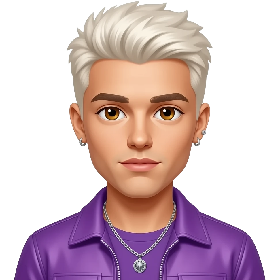 Justin Bieber with brown eyes, white blonde hair, purple pop idol outfit, necklace and earrings emoji