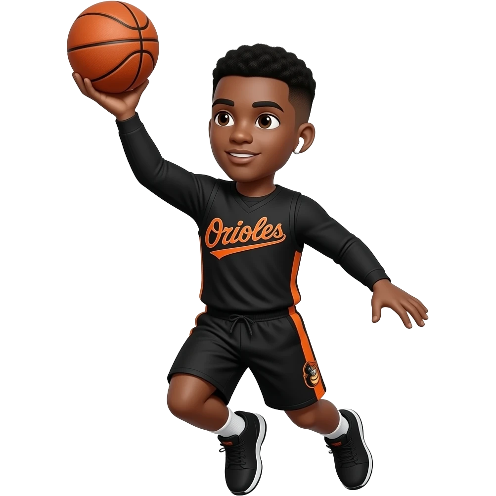make a cute 20 year old man who’s skin color is black with a black low taper fade in black long sleeve with orioles in orange with the same for the shorts but on the side, the long sleeve should say orioles in the middle with white airpods in his ears and he is doing a fade away jumper with the 🏀 emoji
