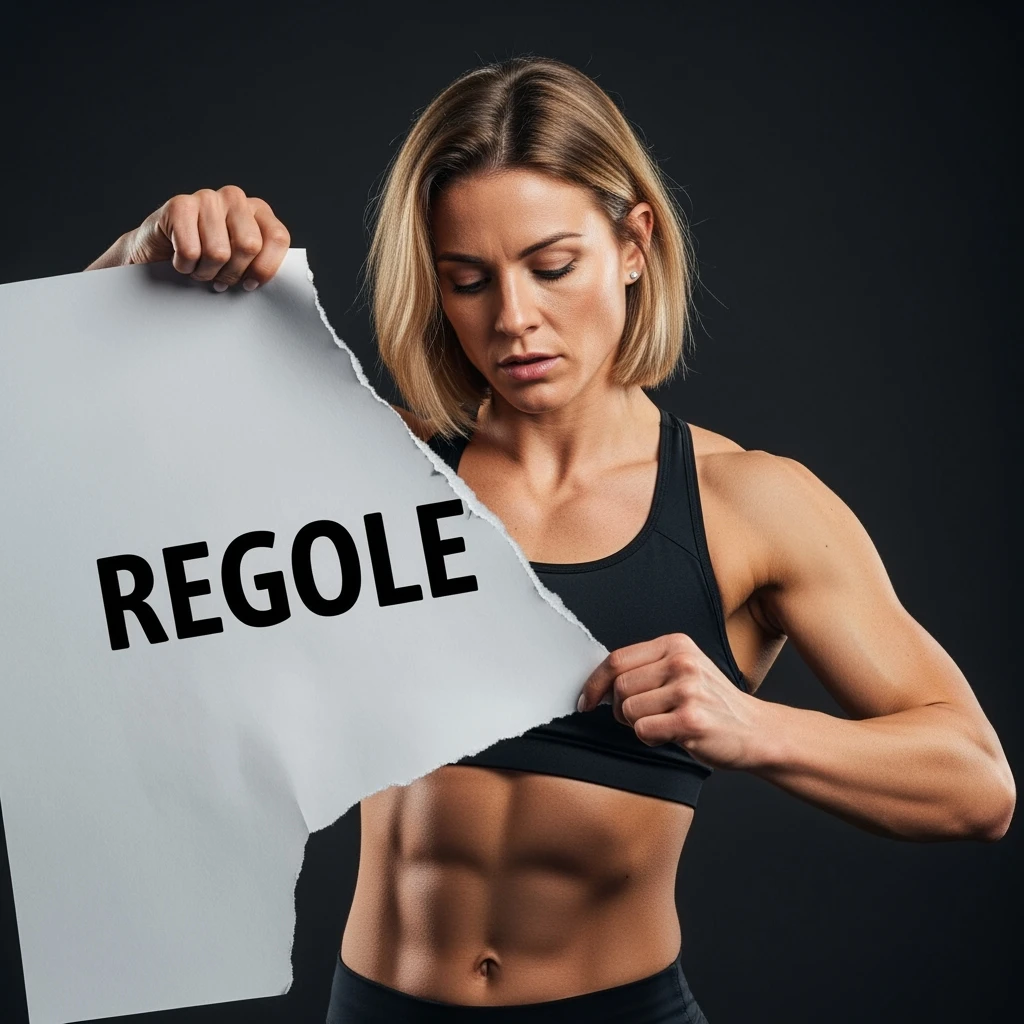 DONNA FITNESS CHE STRAPPA UN FOGLIO CON LA SCRITTA "REGOLE", IPERREALISTICA 4K, SENZA SFONDO emoji