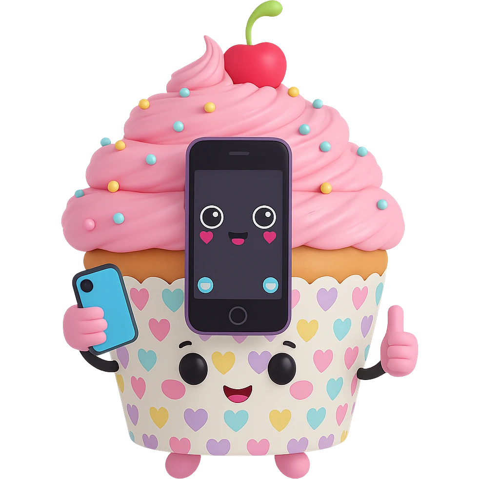 Change the cupcake wrapper pattern to pastel hearts, keep the rest of the 3D kawaii cupcake character the same, no background, transparent PNG. The style is 3D kawaii cupcake character with a focus on pastel colors and a cute appearance. emoji