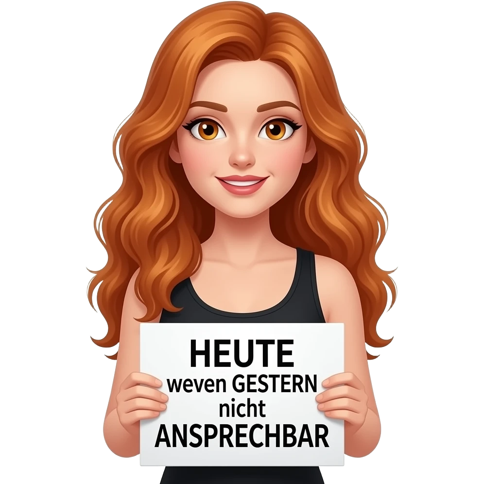 sexy girl with long wavy ginger hair and ginger eyes wearing a black tanktop is holding a white colored sign with HEUTE wegen GESTERN nicht ANSPRECHBAR written on it emoji
