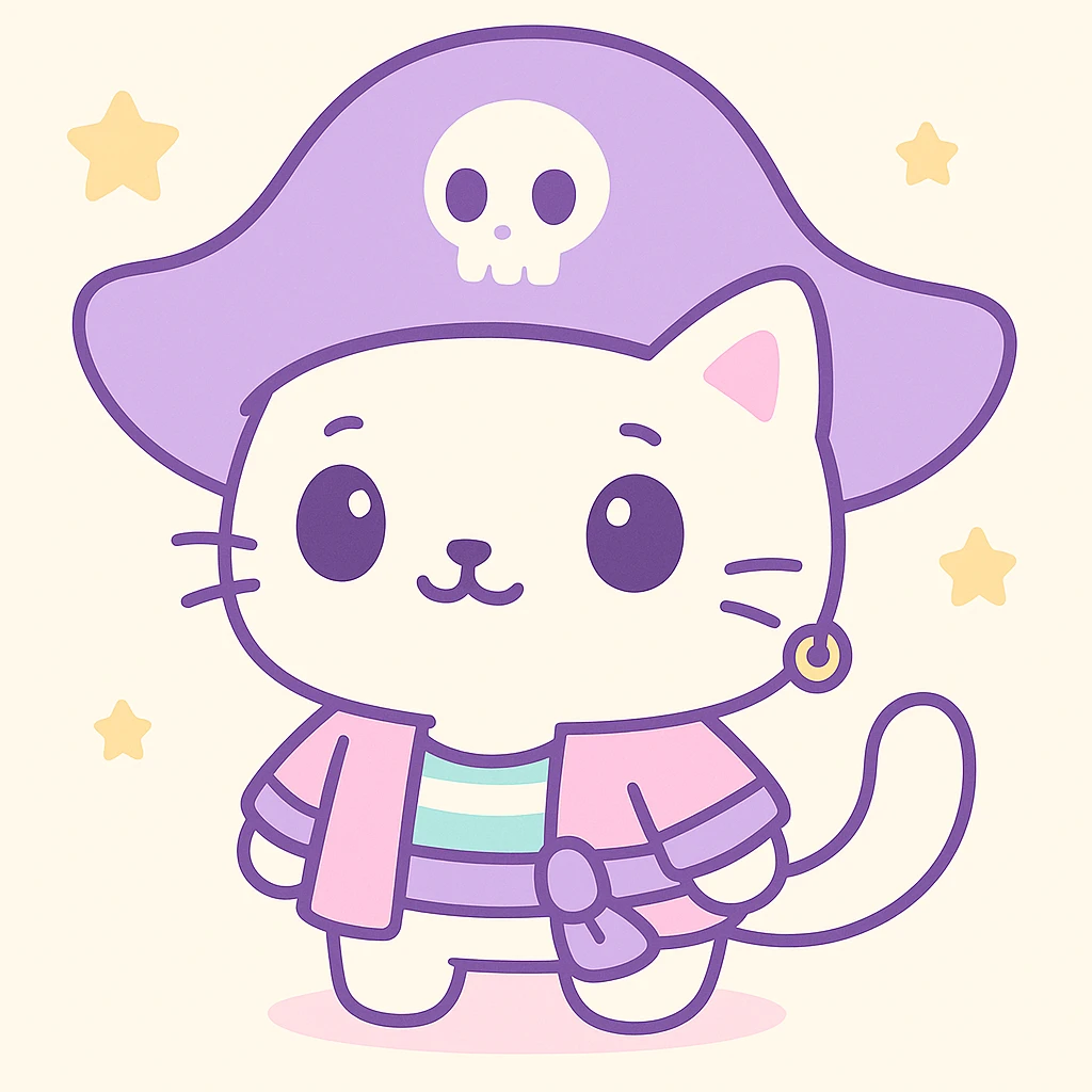 Male pirate cat in kawaii style with an oversized purple hat, cute face, white fur, and a gold earring. emoji