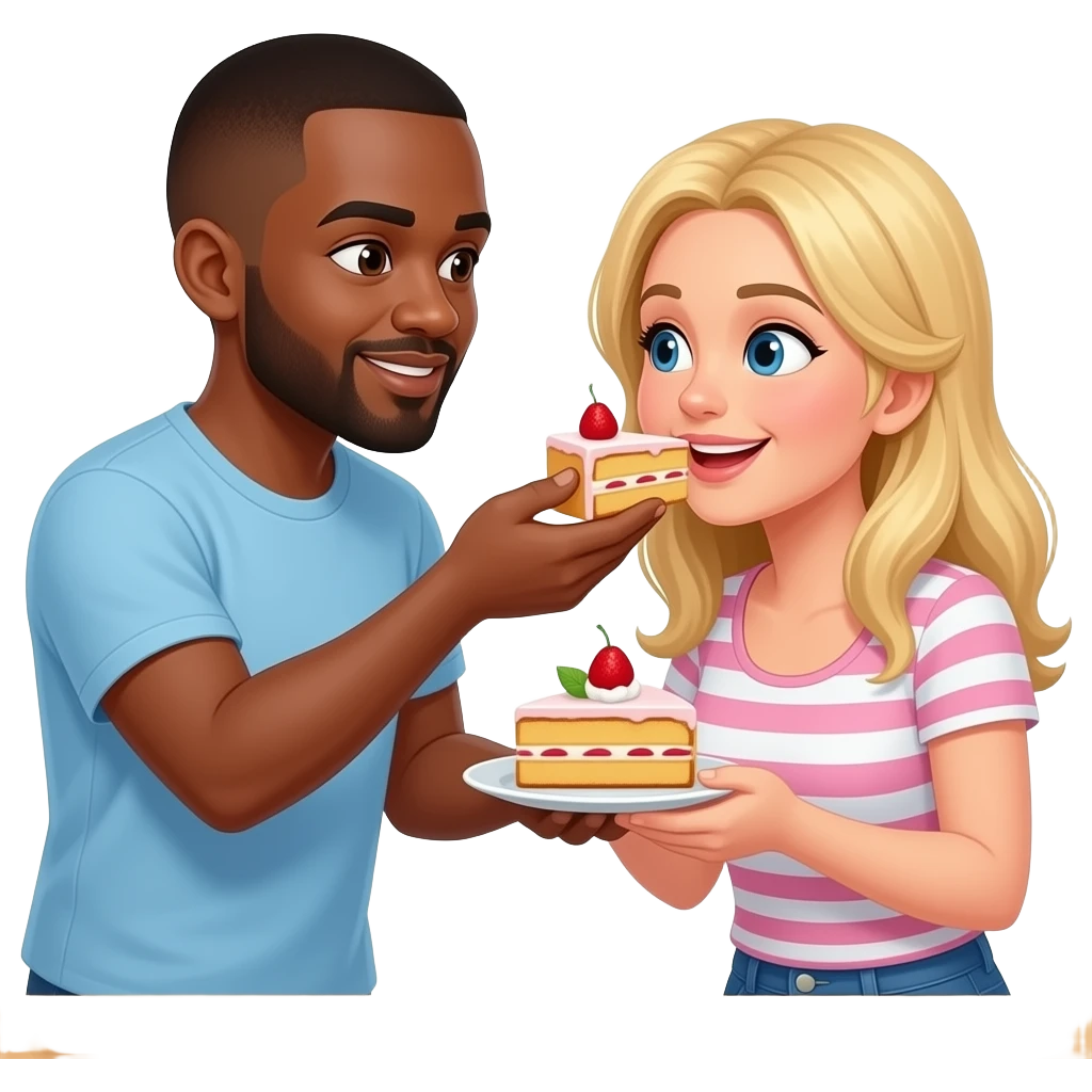 Black man with shaved head feeding blonde woman cake emoji