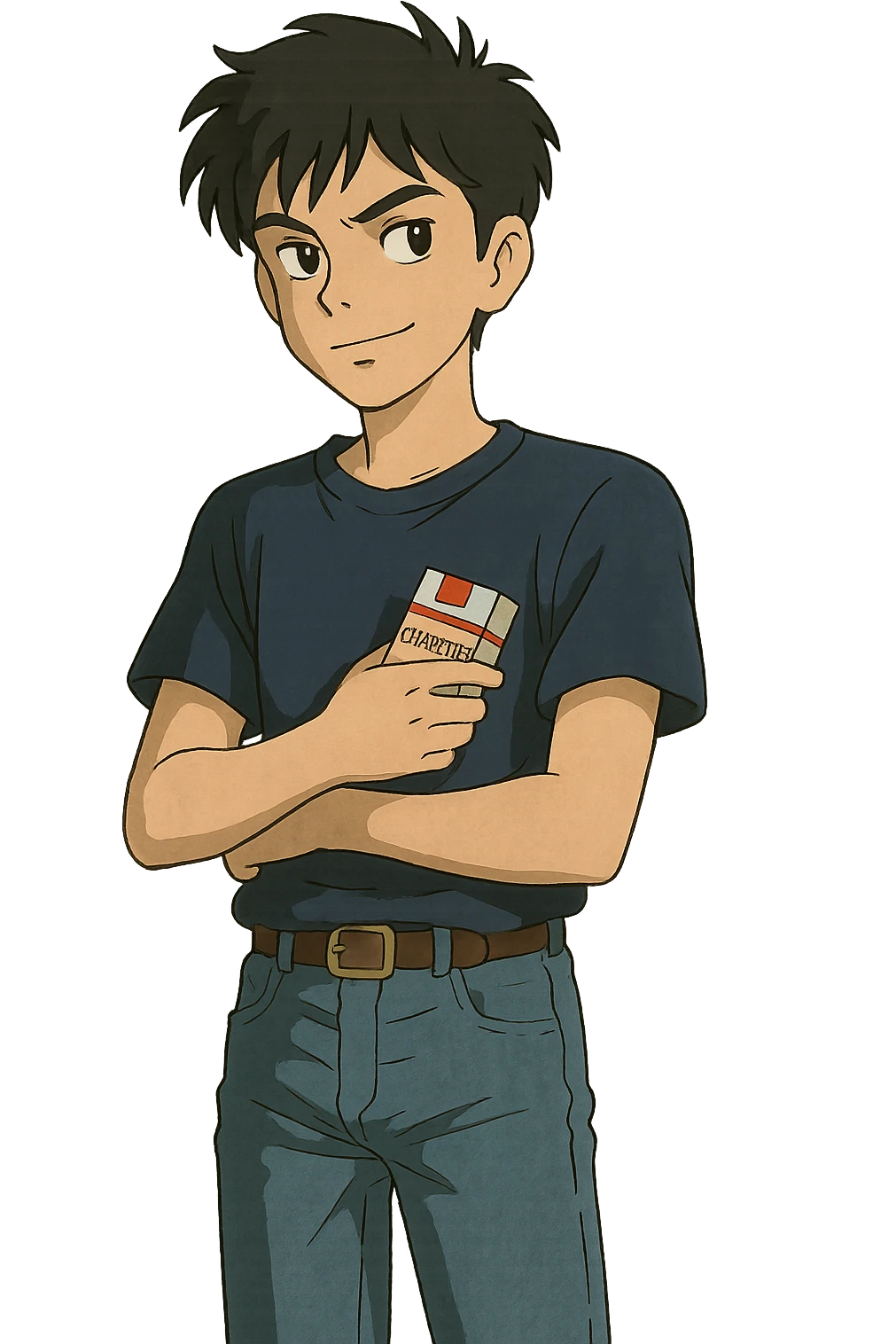 A cool teenager wearing jeans and a t.shirt holding a packet of cigarettes close to his body emoji
