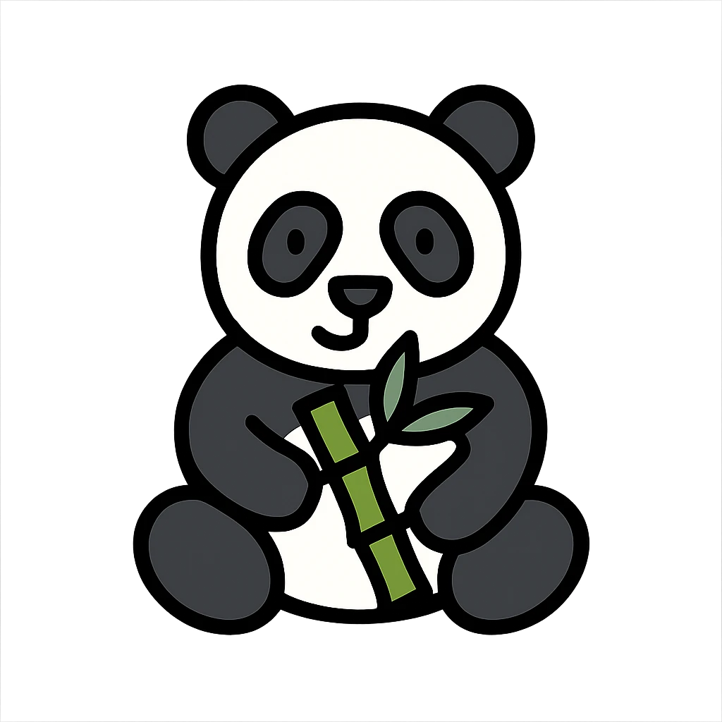 panda holding a bamboo shoot, color icon style with black outlines and green accent for bamboo emoji