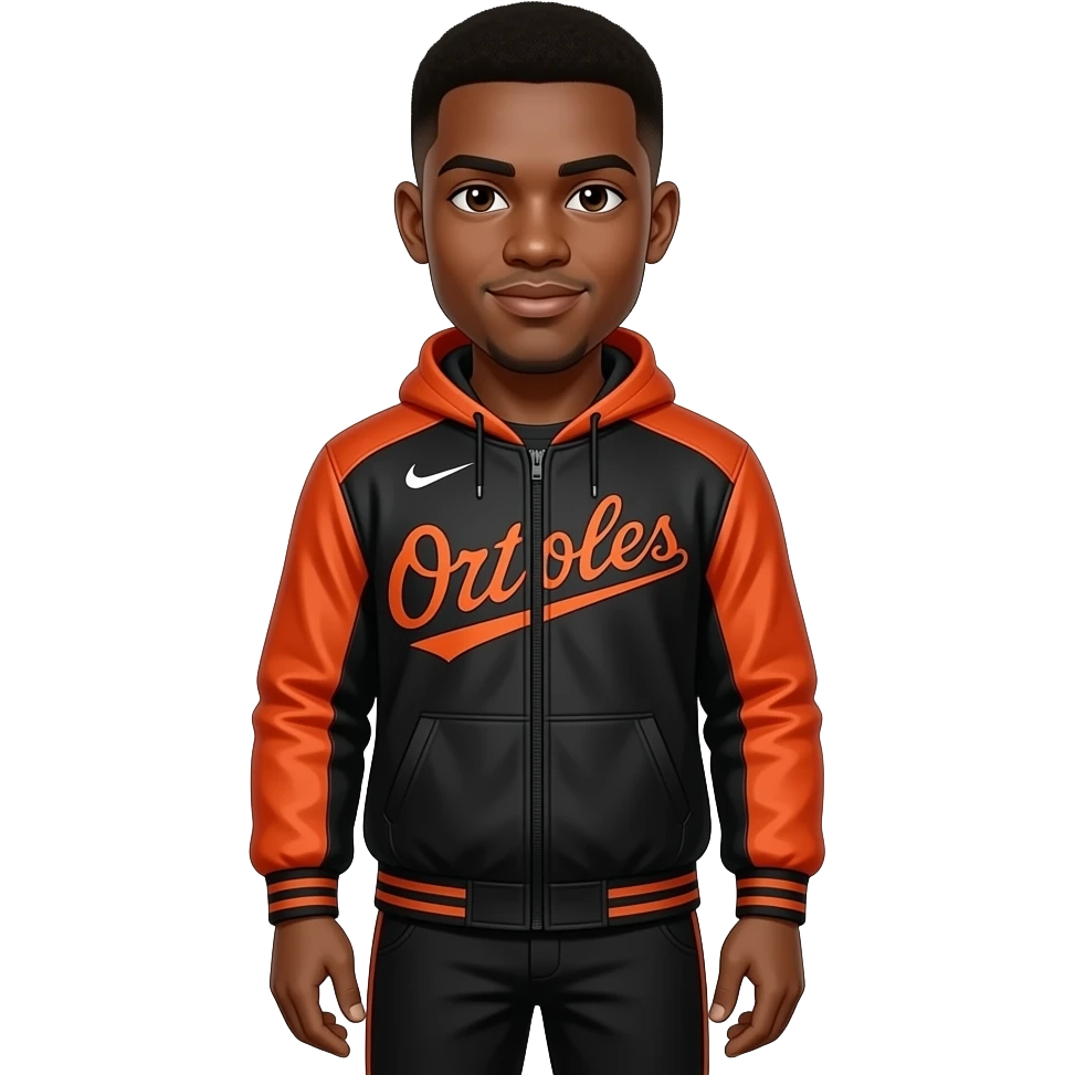 black skinned 22 year old man with a brown low taper fade in an orioles track uniform with black pants emoji
