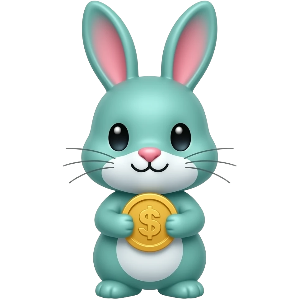Teal rabbit mascot hand drawn, brushstroke style, Small friendly rabbit character with long ears, dot eyes, tiny pink nose. Primary color teal #4A9A9A with white belly. Hand-drawn brushstroke style, loose confident lines. Poses:  holding gold coin emoji