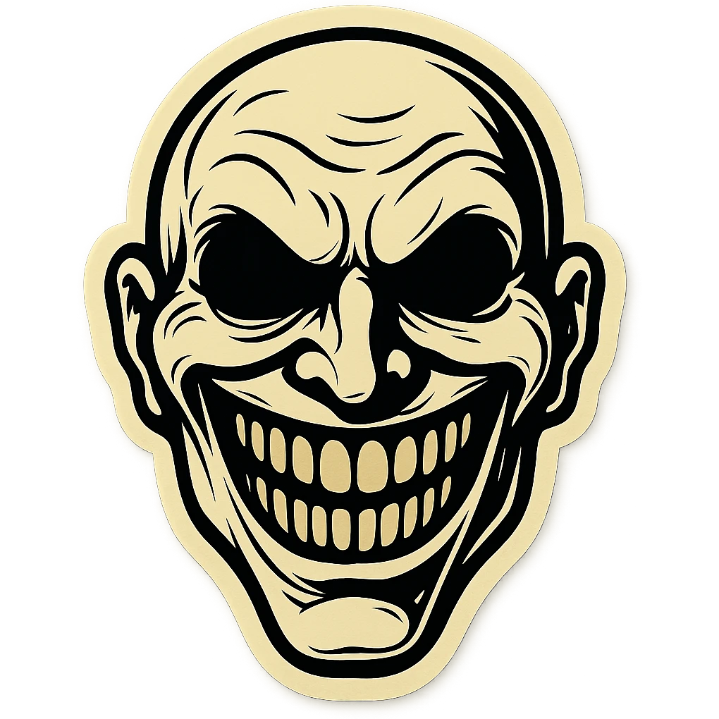creepy scary face with wide smile, retro stickers style, sharp black outlines, simple but detailed drawing, clear shadows and highlights, no gradients emoji