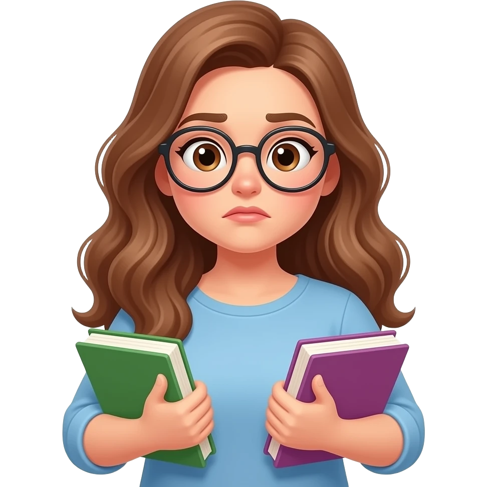 detailed emoji illustration of a curvy woman with long light brown wavy hair, light brown eyes and round glasses holding two books and looking confused, choosing her next read, cute emoji style emoji