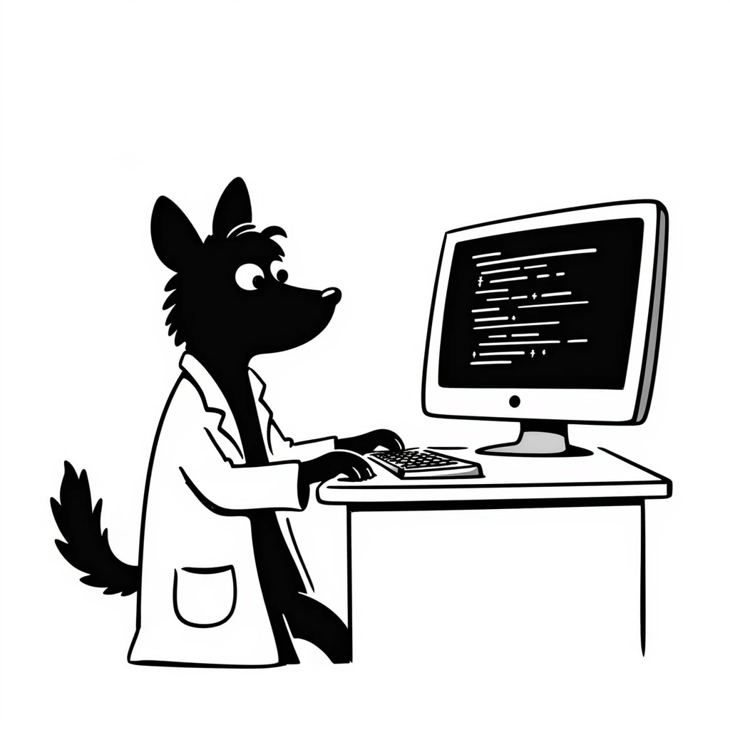hand drawn doodle of dog computer scientist with a computer and lab coat emoji