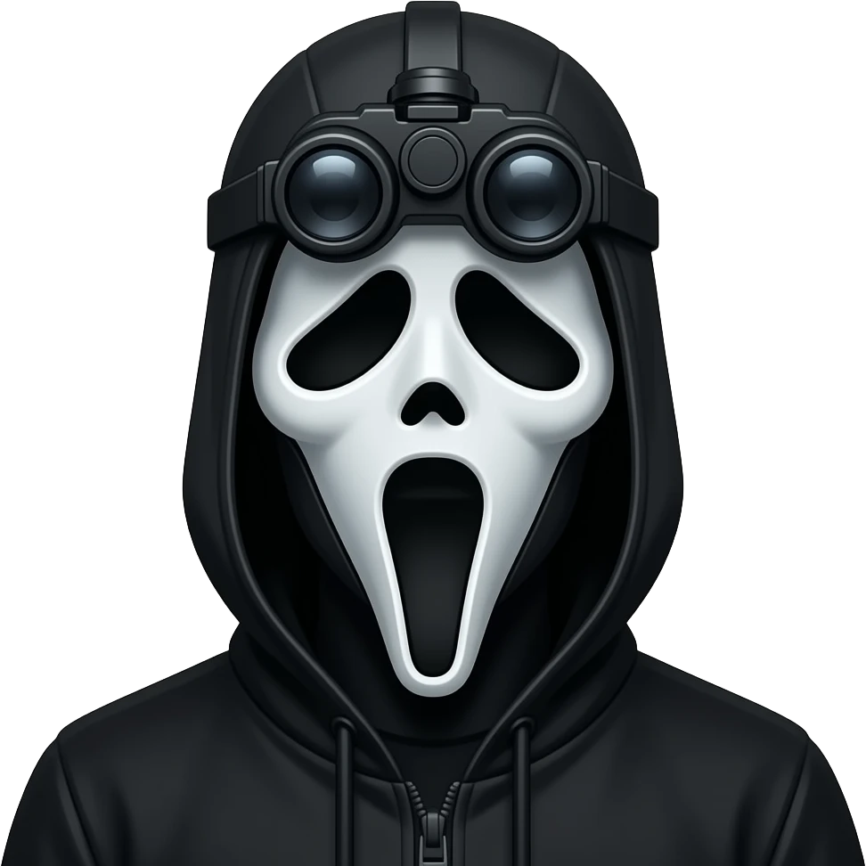 man with brown eyes wearing black clothes with a ghostface balaclava and a black night vision device on his headtop emoji
