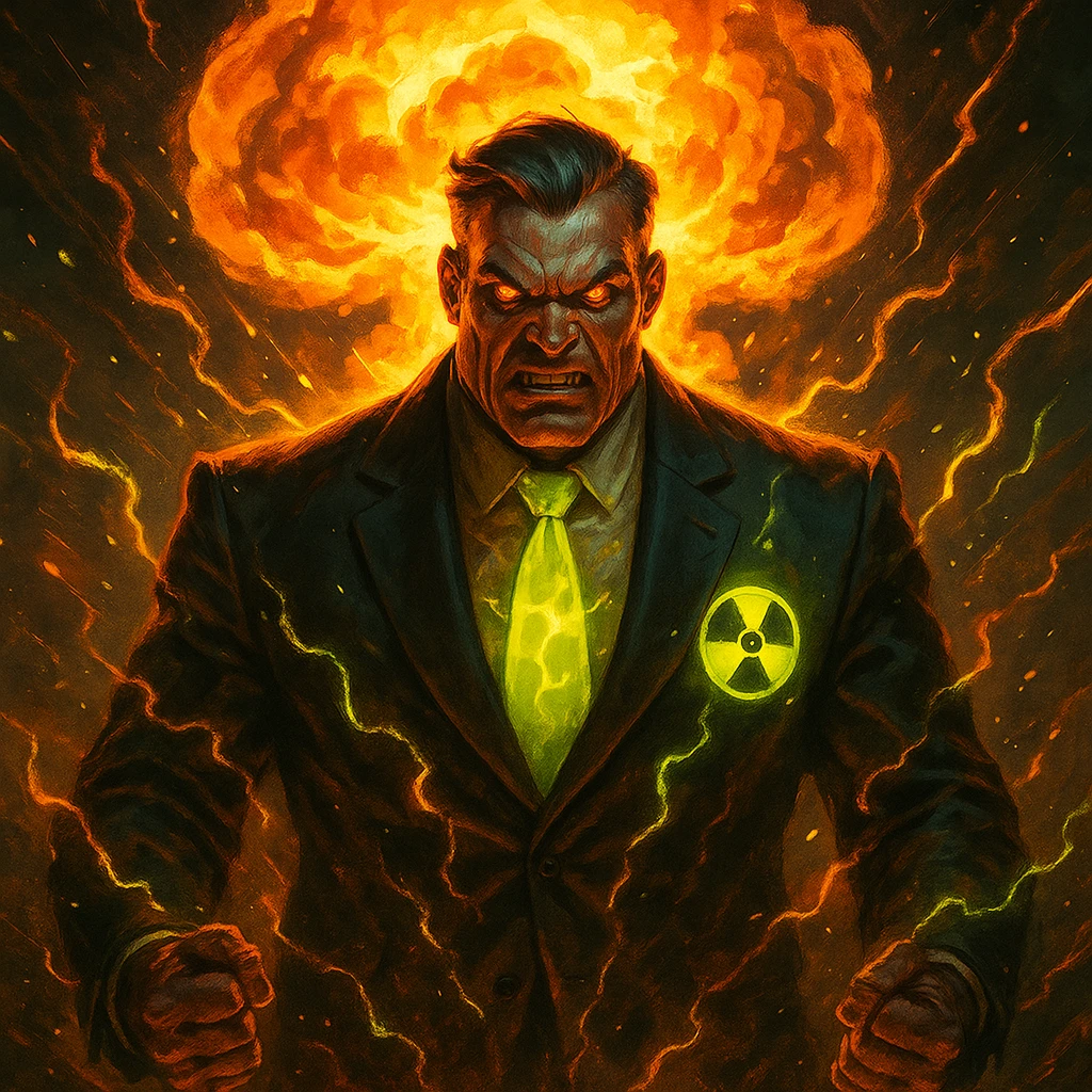 powerful boss character themed around a nuclear explosion, glowing radioactive elements, menacing expression, dramatic energy effects emoji