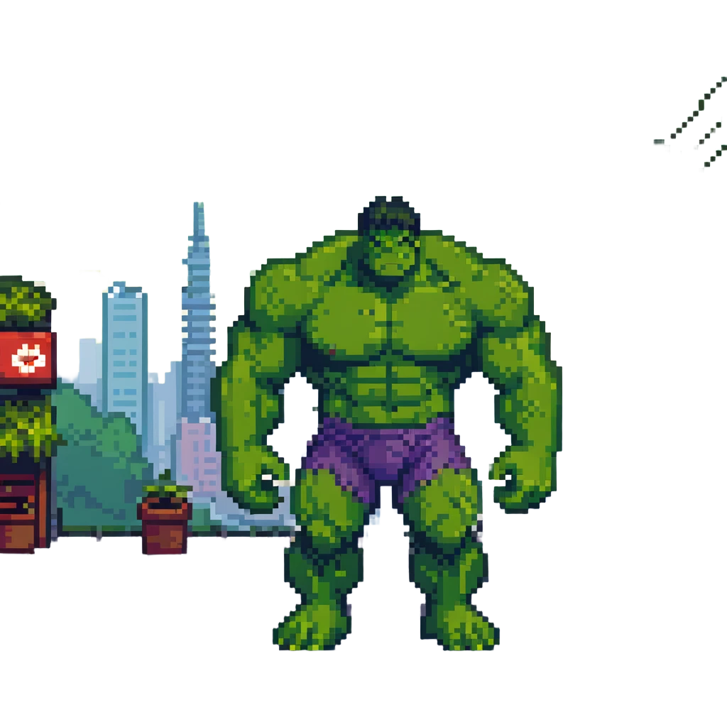 Hulk standing in a Japanese city, pixel art style emoji