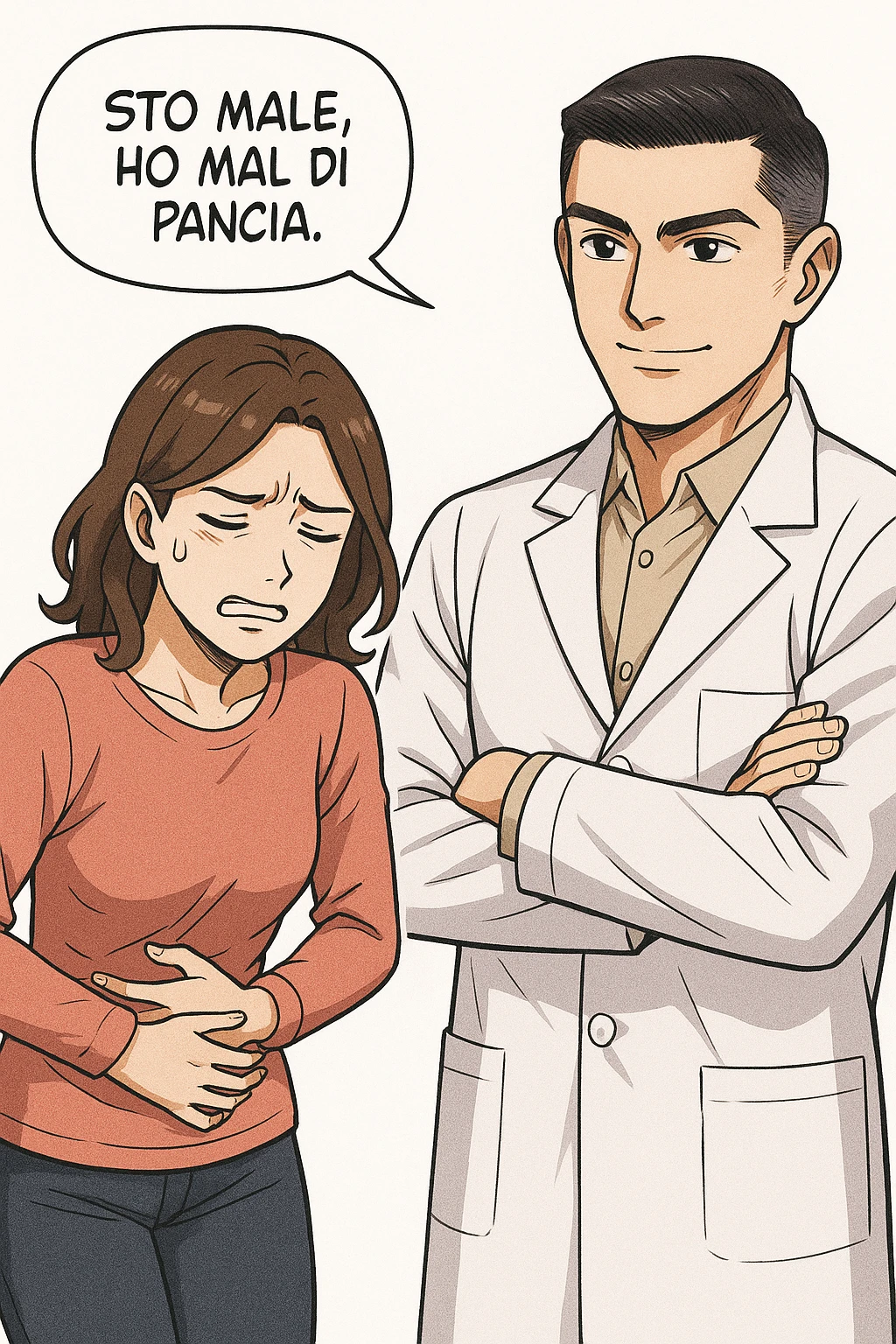 su questo stile fai un manga/webtoon a colori in cui una donna si lamenta che sta male e ha mal di pancia, l'uomo della foto in stile manga gli risponde, ISOLATO SU SFONDO BIANCO emoji
