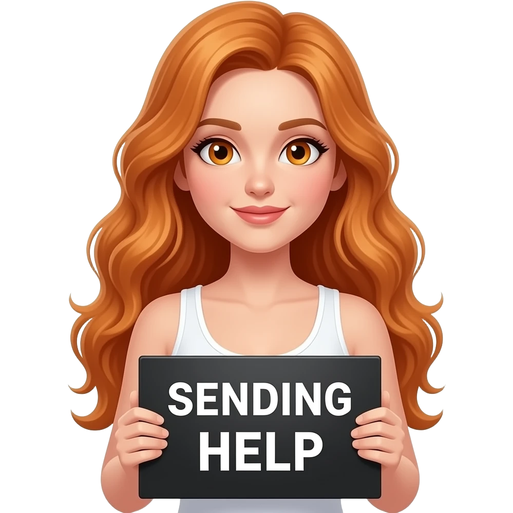sexy girl with long wavy ginger hair and ginger eyes wearing a white tanktop is holding a black colored sign with SENDING HELP written on it emoji