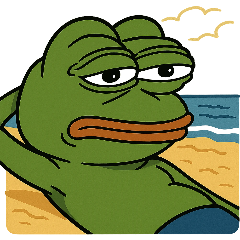 Pepe the Frog lying on the beach, transparent background, PNG emoji