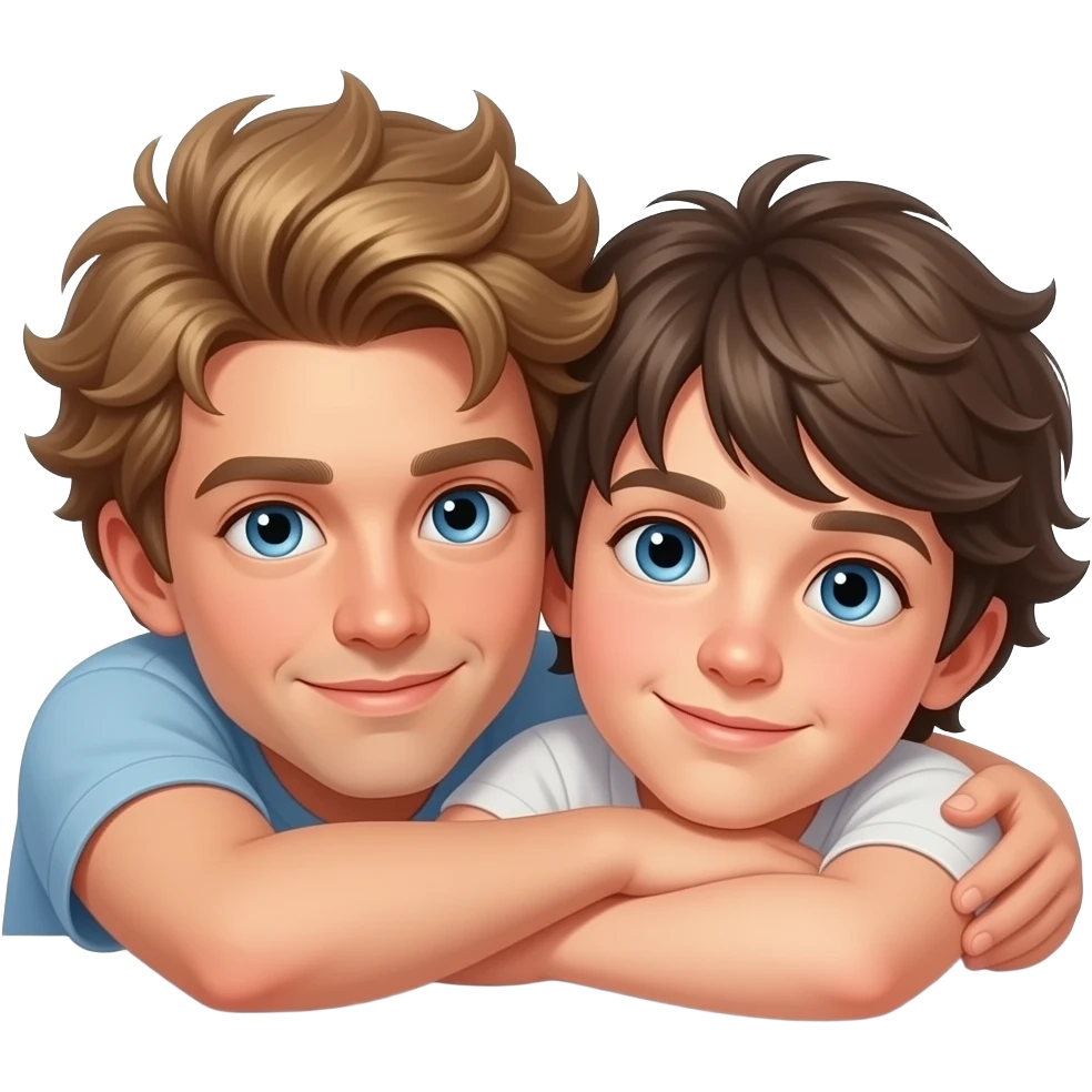 Erstelle ein Emoji von zwei Brüder, der eine um die 20 und der andere um die 24, der älter Bruder legt sein Arm über sein jüngeren und der jüngere legt auch sein Arm um sein Bruder und beide legen die Köpfe aneinander. Beide haben blaue Augen emoji