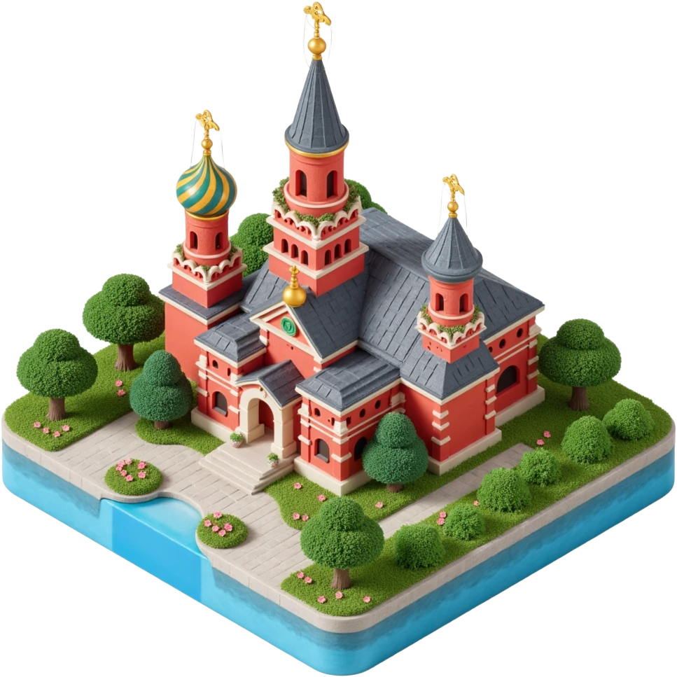 Isometric miniature 3D city with iconic landmarks of Moscow, colorful stylized buildings, cartoon realism emoji