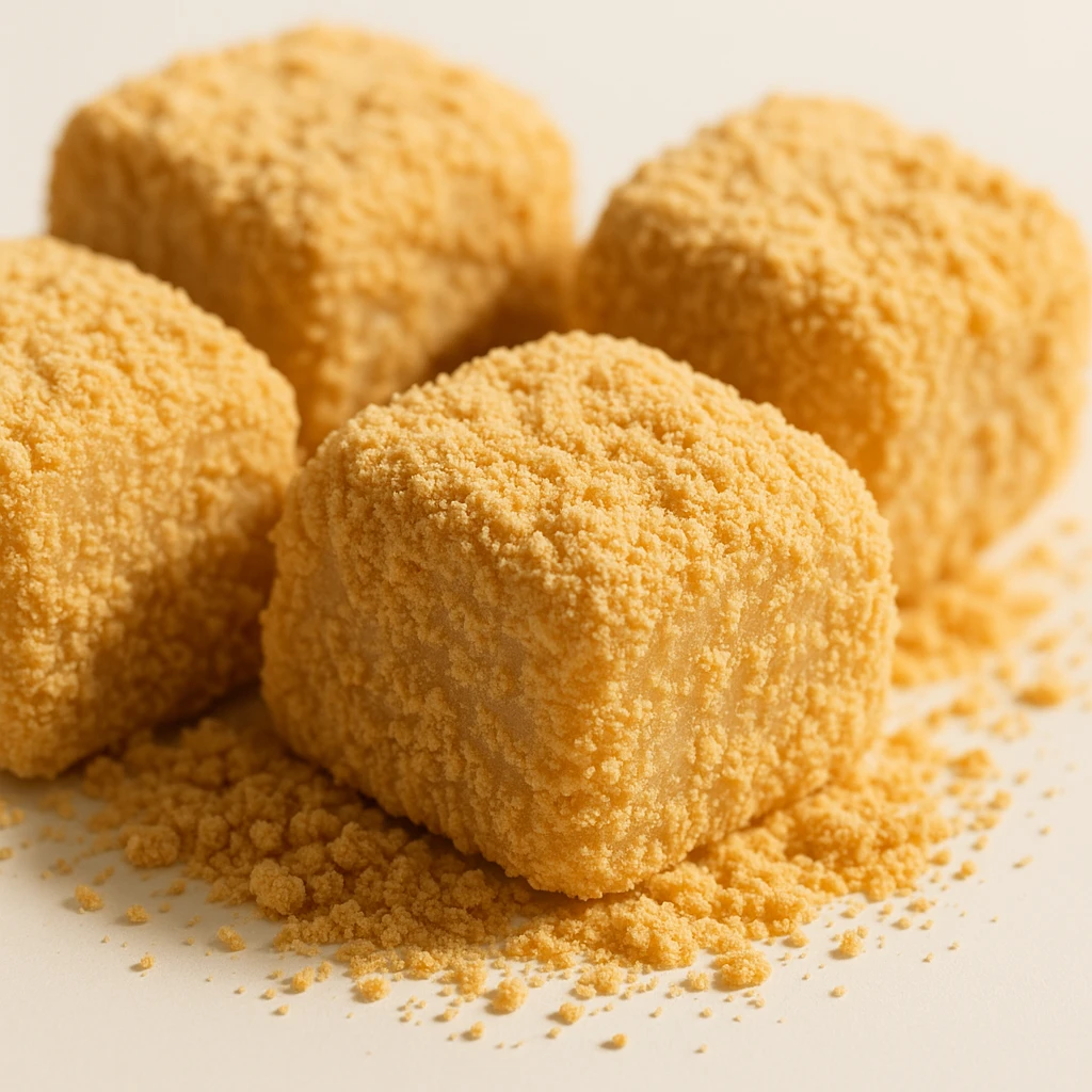 close-up of injeolmi rice cakes, roasted soybean powder, soft chewy texture, isolated on white, warm natural lighting emoji