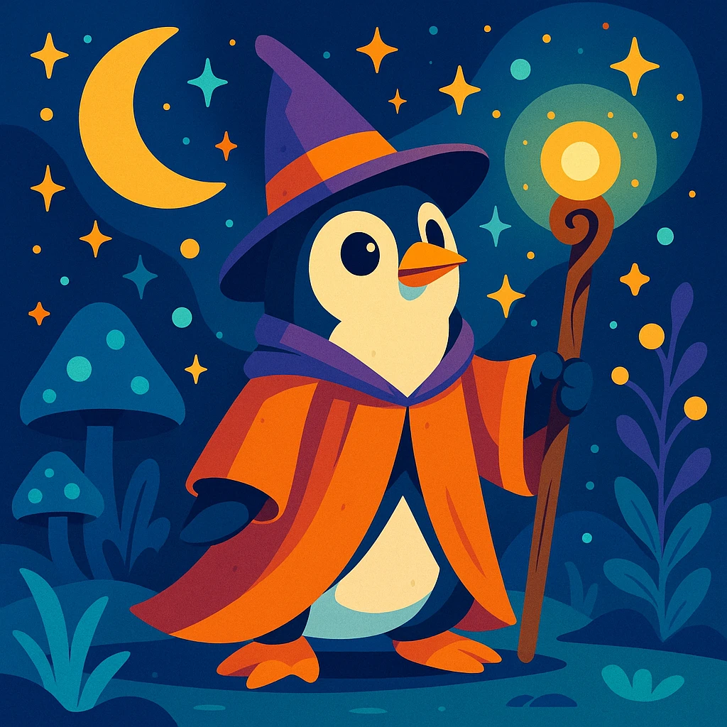 a penguin dressed as a wizard, wearing a pointed hat and holding a magic staff, in a magical setting, vibrant and whimsical style emoji