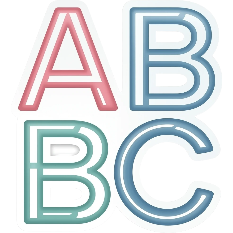 minimal colourful letters ABC, A on top, B and C under A sticker, elegant thin stroke, pastel tones, clean vector design, no background, modern aesthetic, 8k emoji