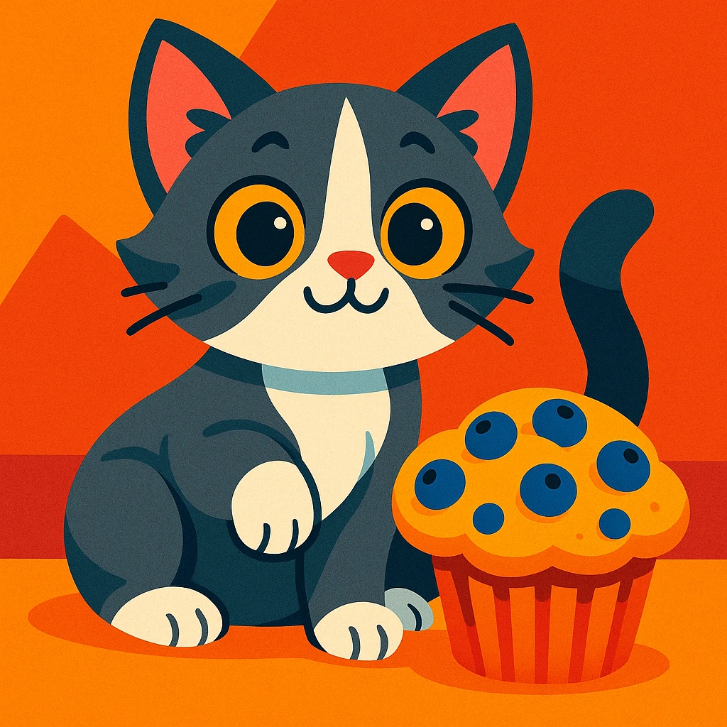 a playful grey and white kitten with a blueberry muffin, colorful illustration style, vibrant colors emoji
